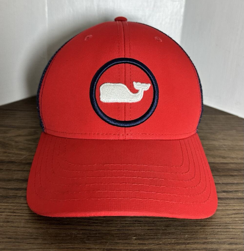 Vineyard Vines Whale Dot Puff Performance Trucker Hat Mens Red Blue Snapback - Picture 1 of 5